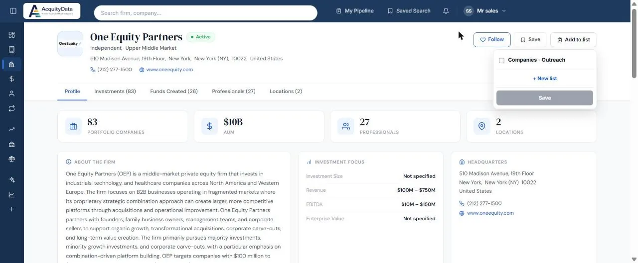 The Add to list box on a firm profile showing a list with a checkbox, a New list link and a Save button