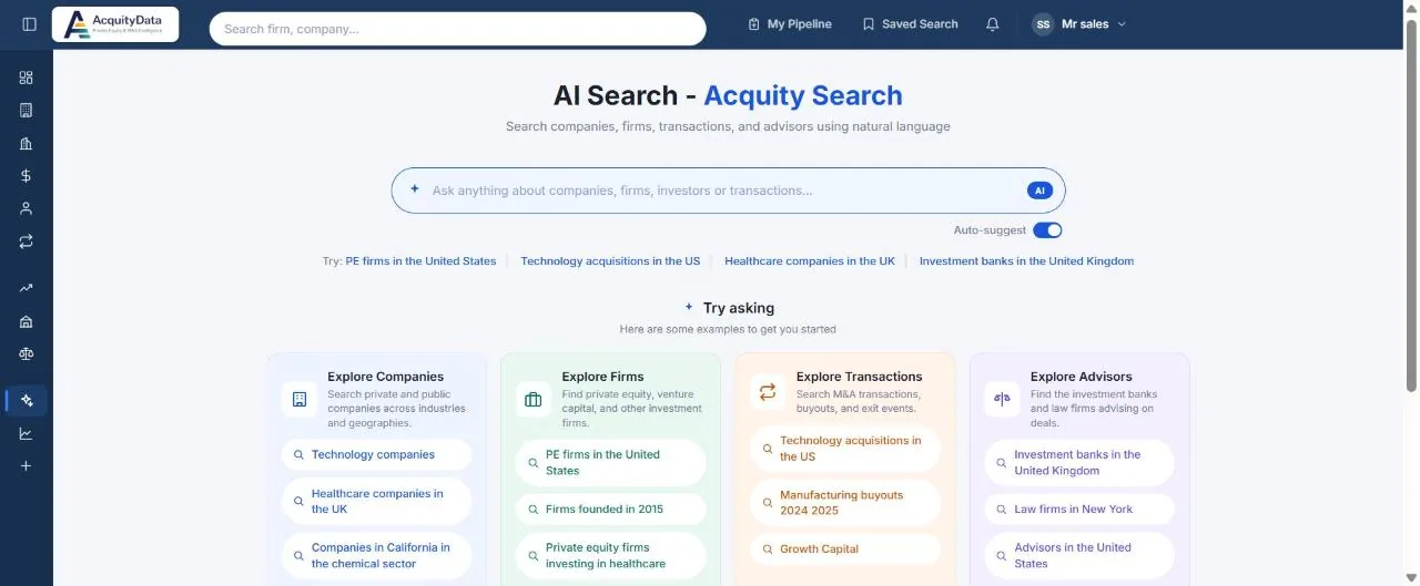 The AI Search page with a question box and example searches for companies, firms, transactions and advisors