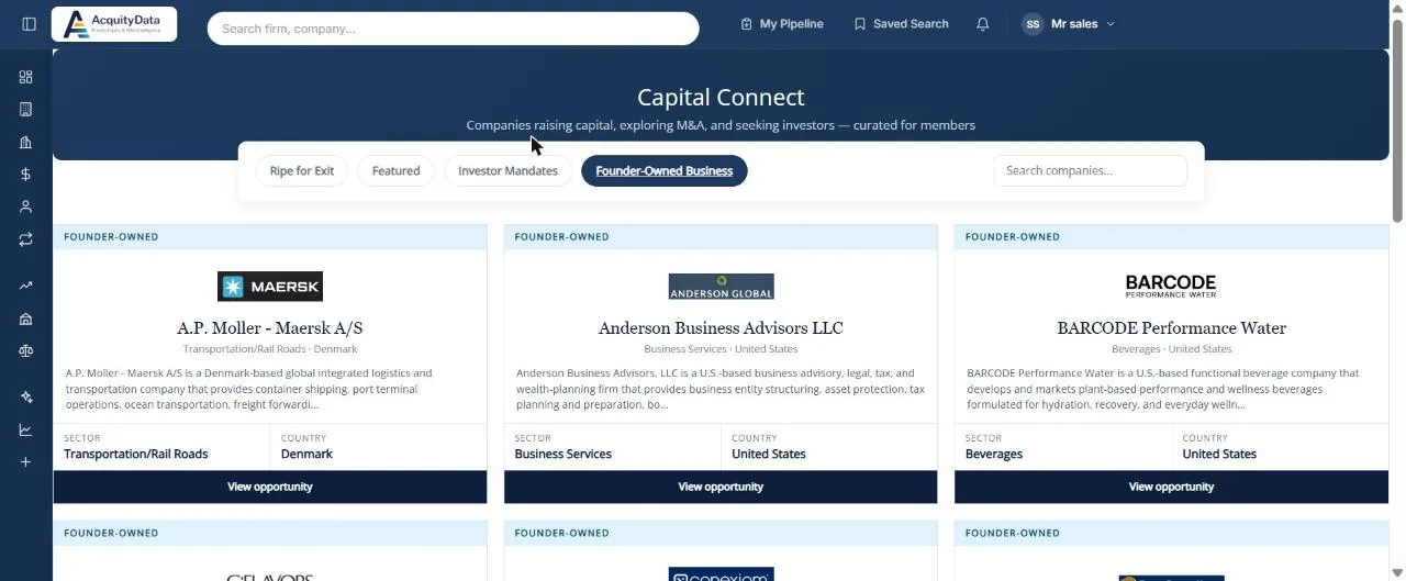 The Founder-Owned Business tab showing opportunity cards with a coloured top band