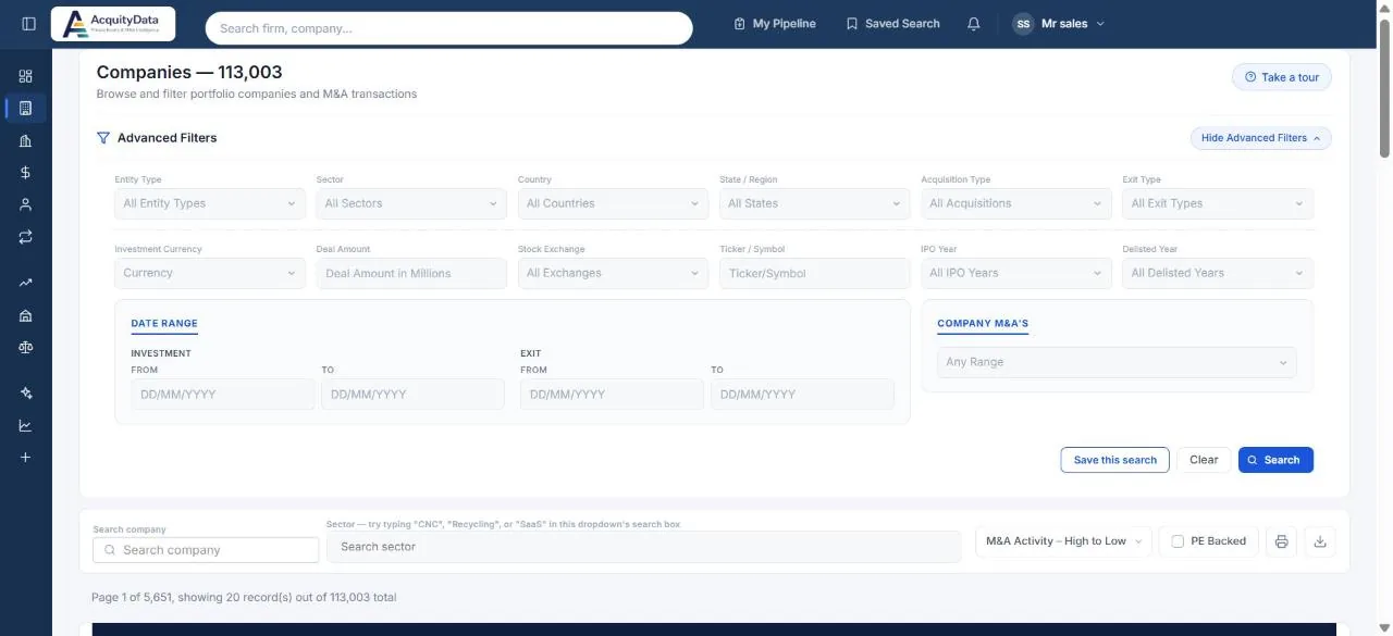 The Companies advanced filters expanded, showing deal amount, stock exchange, IPO year and date ranges