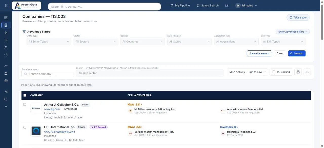The Companies page with filters at the top and a list of companies below