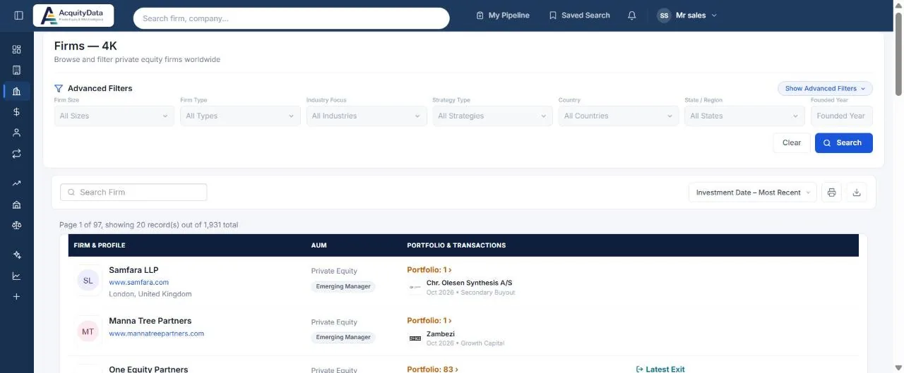 The Firms page with filters for size, type, industry focus, strategy and country
