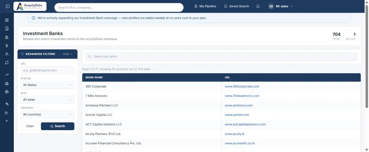 The Investment Banks page with a filter panel and a list of banks with their websites