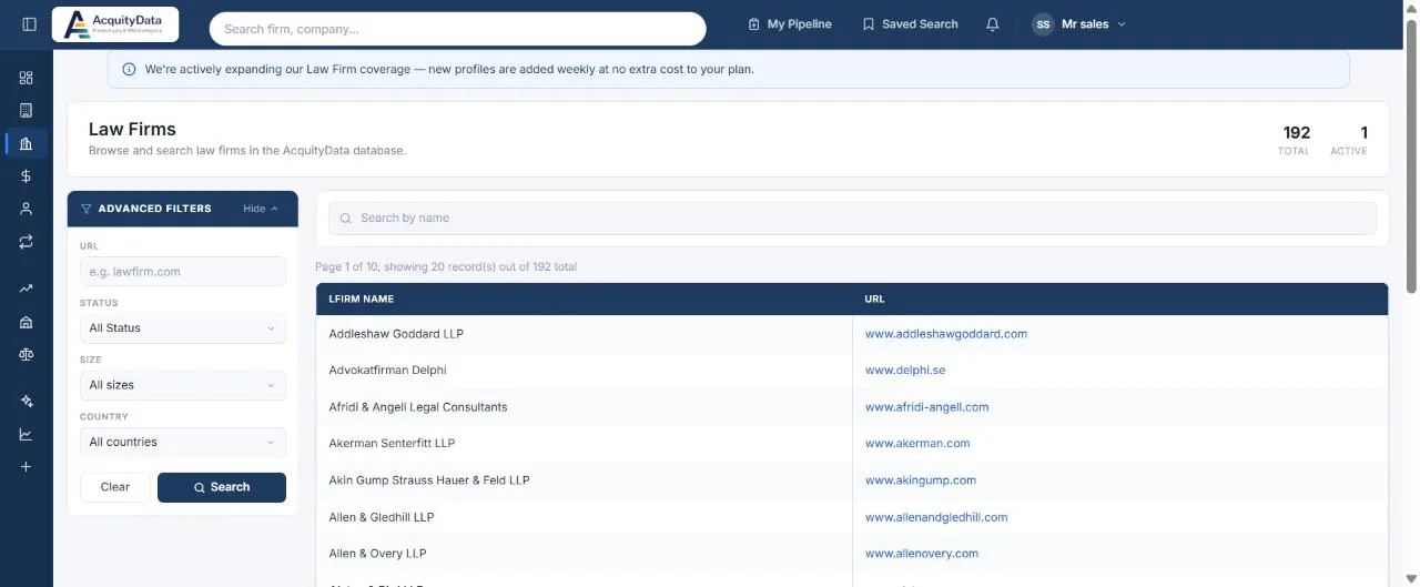 The Law Firms page with the same filters and a list of law firms