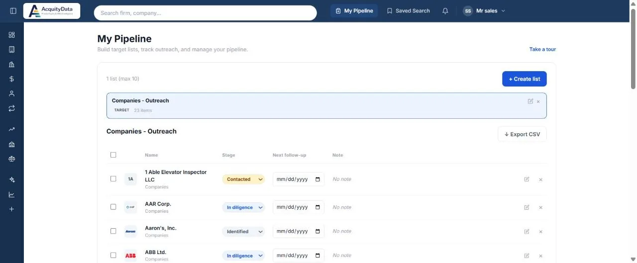 The My Pipeline page with a list called Companies - Outreach and rows with stage, follow-up date and note