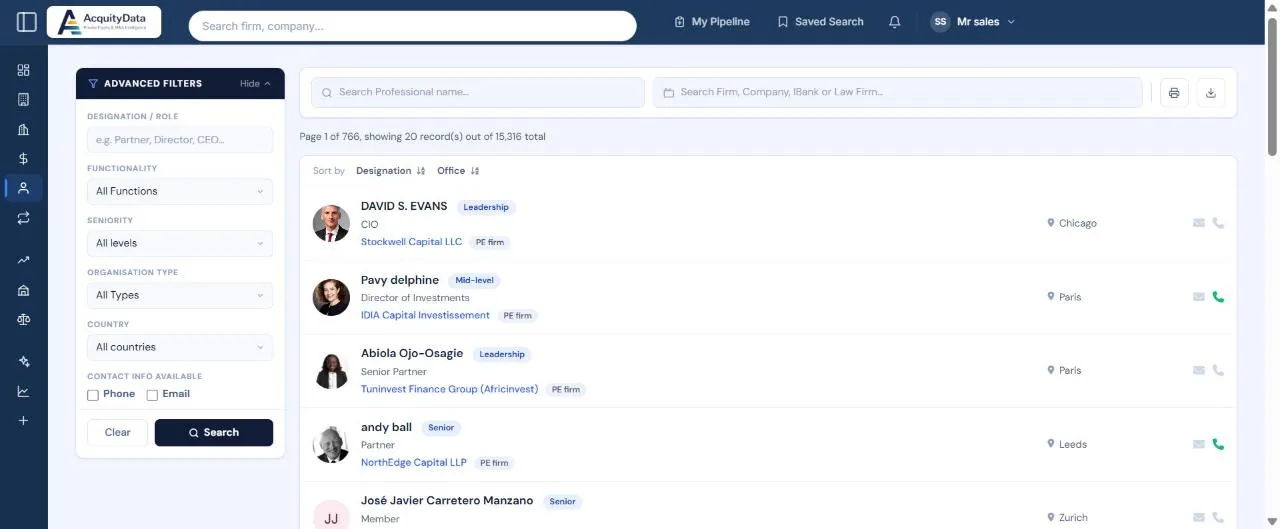 The Professionals page with a filter panel on the left and a list of people