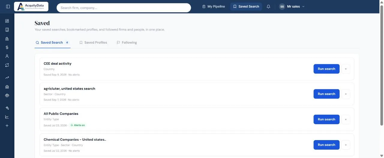 The Saved page with a list of saved searches, each with a Run search button and an alerts status