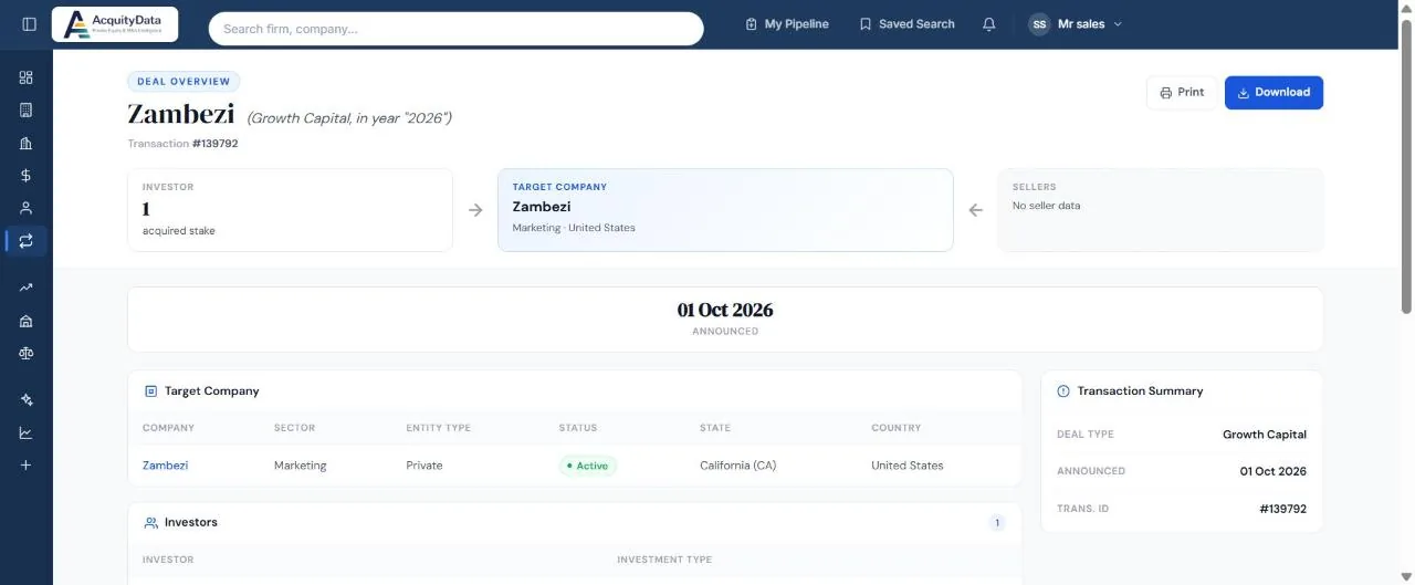 A transaction page with investor, target company and seller boxes, deal date and summary